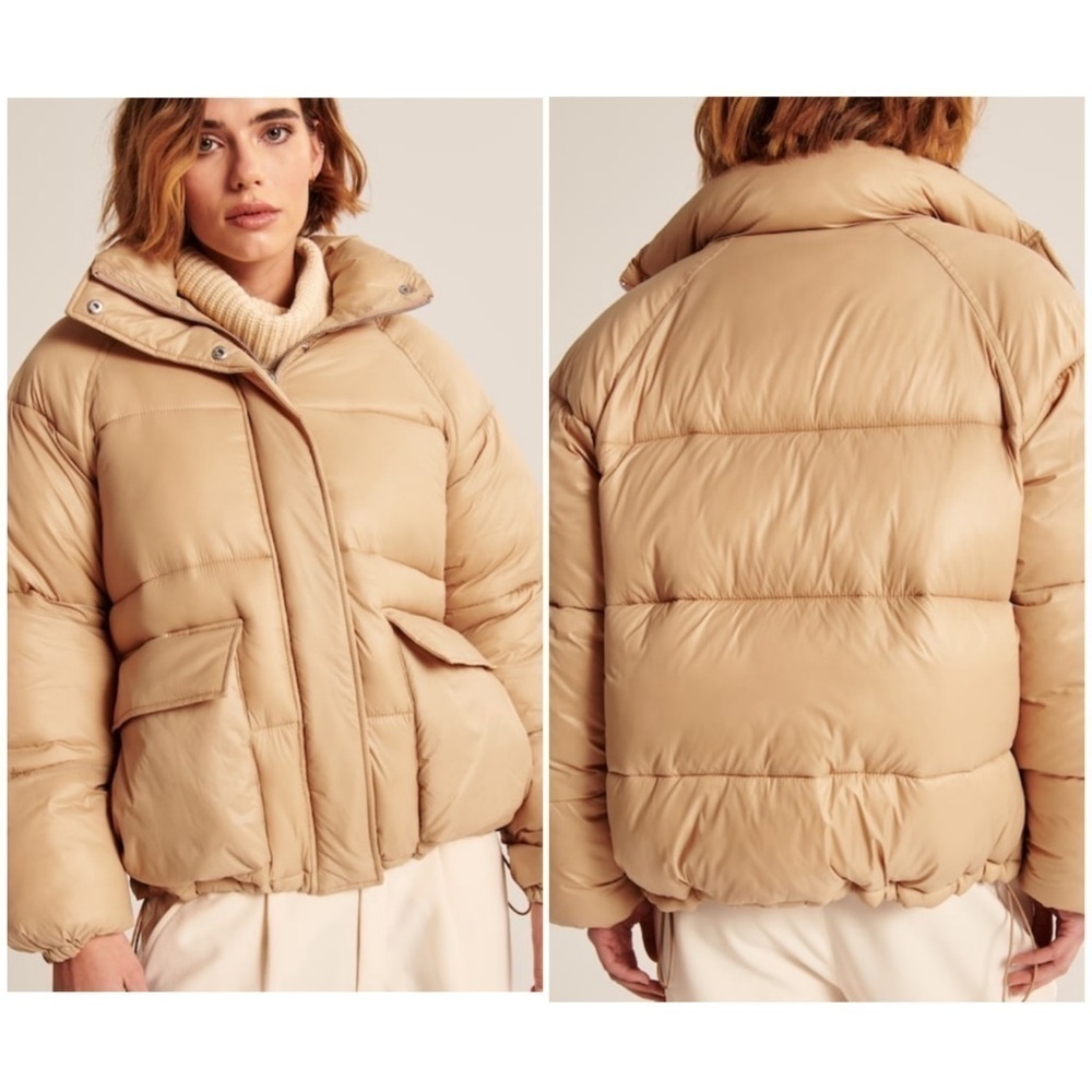 Abercrombie & Fitch Oversized Utility Puffer Jacket in Tan Sz L Water Resistant